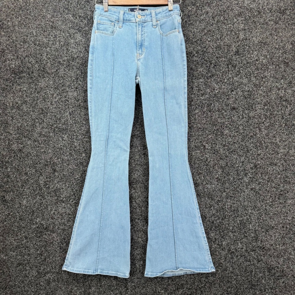 Hollister High Rise Flare Jeans Light Wash Blue Seam Front Soft Stretch W26R 2R